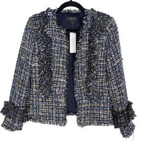 New Ann Taylor 4 Blue Black Ruffle Tweed Peplum Jacket Blazer Hook Eye Front
